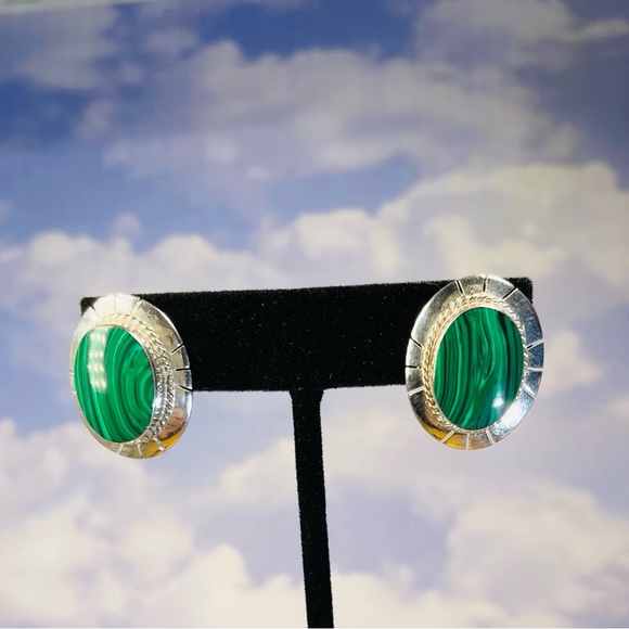 Substantial Malachite and Sterling Silver Earrings. FREE Shipping - Picture 4 of 4